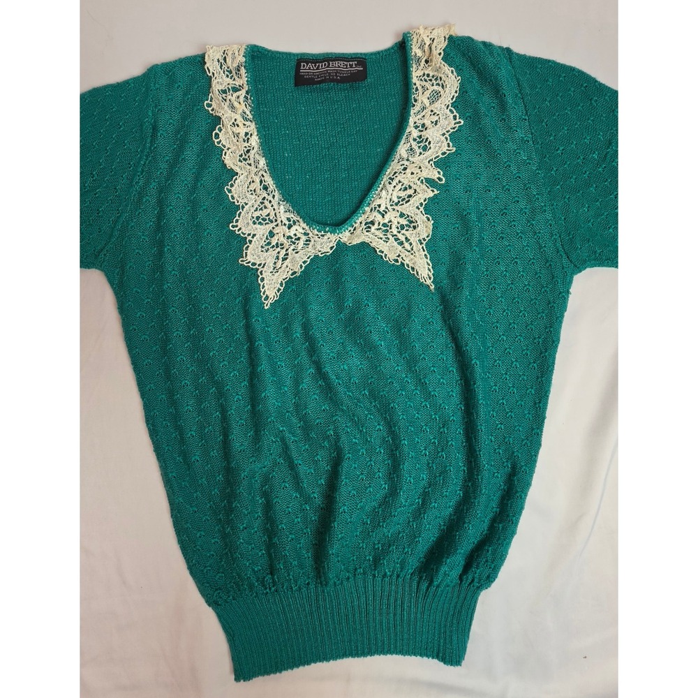Vintage David Brett 80s Teal Pointelle Knit Sweater Crochet Lace Collar USA Made